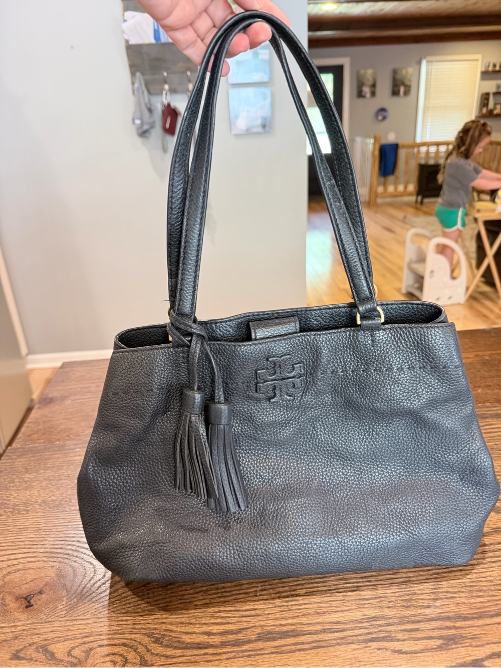 Tory Burch Black Pebbled Leather Tassel Shoulder Bag